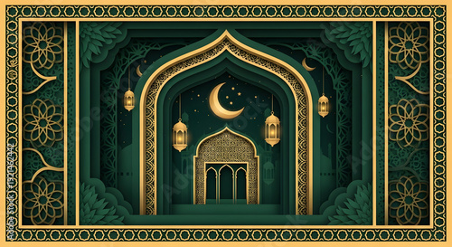Wallpaper Mural Intricate Islamic geometric frame with 3D shadow box effect, premium festive background. Torontodigital.ca