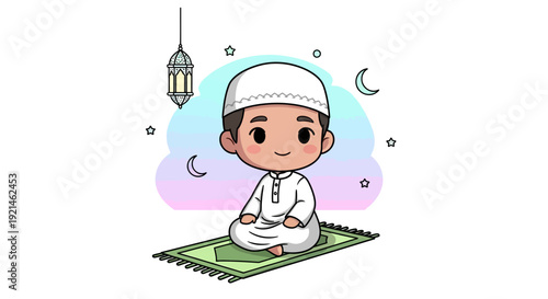 Cute Muslim Boy Praying on Prayer Mat with Ramadan Lantern and Crescent Moon
