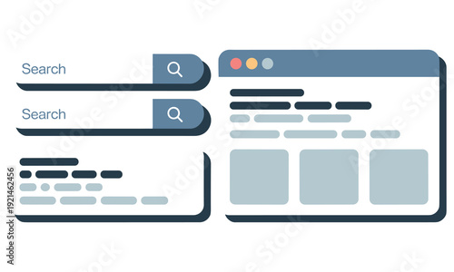 Search engine results page illustration with search bars and browser window displaying various content