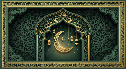 Wallpaper Mural Luxury layered papercut Ramadan illustration with crescent moon and ornate mosque arch in emerald and gold tones. Torontodigital.ca