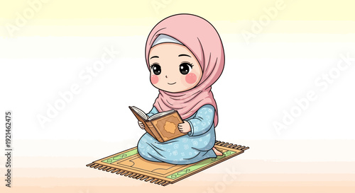 Cute Muslim Girl Reading Quran on Prayer Mat
