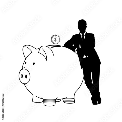 Man Saving Money in Piggy Bank.