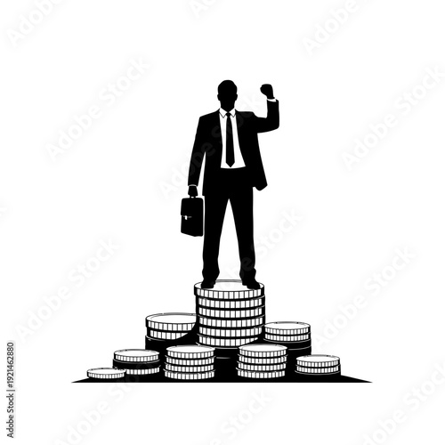 Businessman Standing on Stack of Coins.