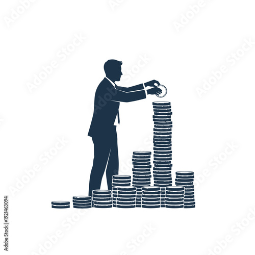 Man in Suit Stacking Coins Neatly.