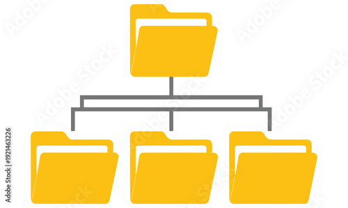Yellow file folders arranged in a hierarchical structure representing organization and categorization of digital documents and data in a simple vector graphic illustration.