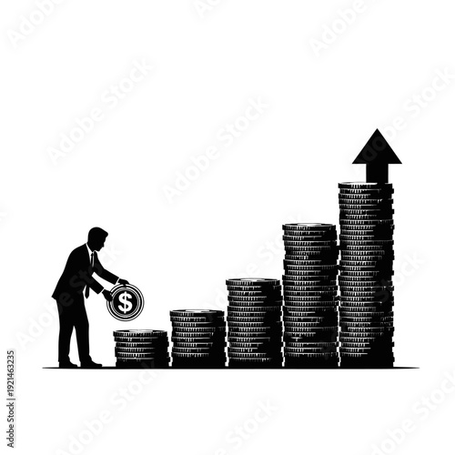 Businessman stacking coins in ascending order.