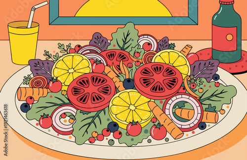 Healthy Eating And Wellness Colorful Salad With Fresh Vegetables And Juice Promoting Nutrition Diet And Lifestyle Choices For Health-Conscious Consumers