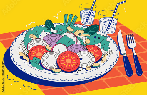 Healthy Eating And Wellness Illustration Fresh Salad With Tomatoes Onions And Greens With Water Promoting Nutrition And Balanced Diet For A Healthy Lifestyle