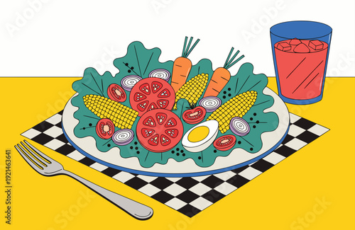 Healthy Eating And Balanced Diet Colorful Salad With Vegetables And Drink On Table Nutrition Awareness And Wellness Campaign Food Illustration