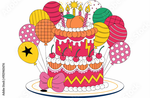 Celebration And Joyful Occasions Birthday Cake With Balloons And Candles Illustration For Party Invitations And Greeting Cards Festive Design On White Background