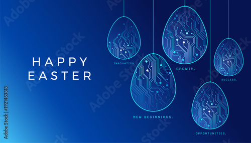 Happy Easter technology greeting card - hanging digital Easter eggs with circuit board pattern as growth and renewal concept - abstract blue vector background for Easter business social media template