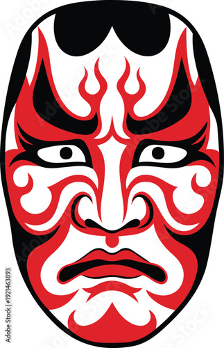 Traditional Japanese Kabuki Theater Mask with Red and Black Kumadori Makeup