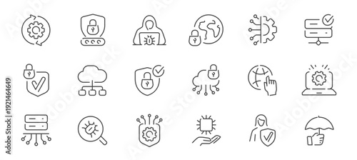 Cybersecurity and data protection line icons set, cloud and network security