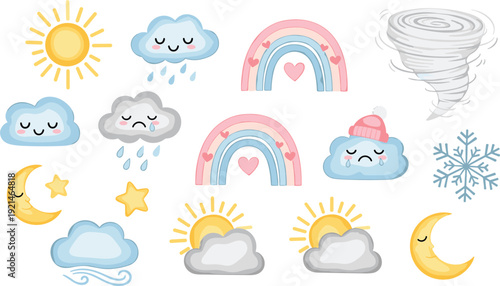 Cute weather vector set with happy sun rainbow crescent moon fluffy clouds snowflake tornado and rain for children educational chart and nursery decor.