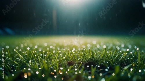 Close Up Of Green Grass In The Rain On Stadium Pitch At Night