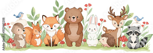 Cute woodland forest animal banner vector with fox bear deer rabbit raccoon squirrel and hedgehog for nursery wall art and nature theme birthday decor.