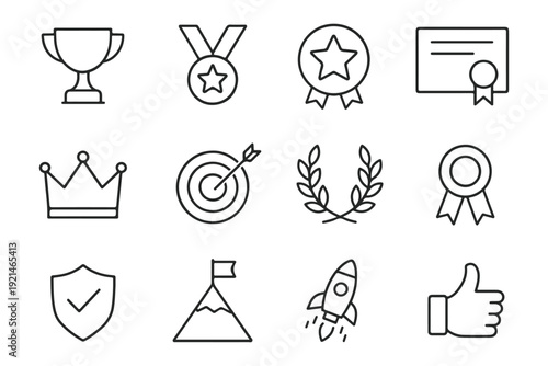 Clean Modern Achievement Outline Icon Set – 12 Thin Line Vector Icons in Grid Layout, Monochrome Black UI Collection