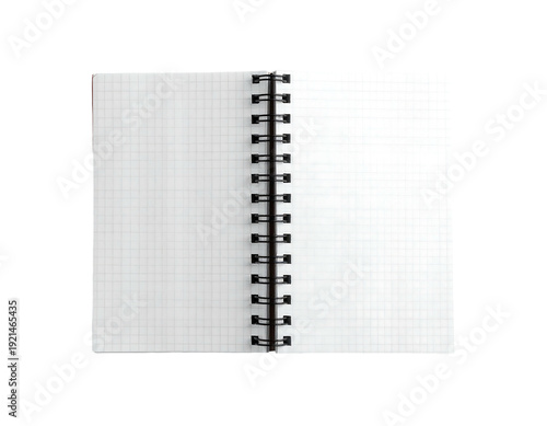 Blank white notebook with spiral binding on a white background.