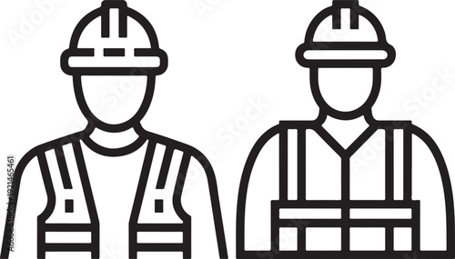 Construction worker and engineer outline icon collection. Includes builder, architect, foreman, safety vest, hard hat, and industrial worker symbols. Created in line art style with black and