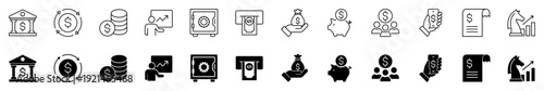Finance icon set. Containing loan, cash, savings, financial goal, profit, budget, mutual fund, earning money, and revenue icons.