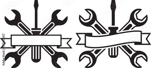Two crossed wrenches and a screwdriver with a blank ribbon banner vector illustration. Isolated on a white background, these black and white tools are ready for custom text.
