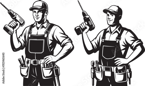 Two male construction workers or handymen in work uniforms and caps, holding power drills, with tool belts. Created in a black and white vintage woodcut style vector illustration.