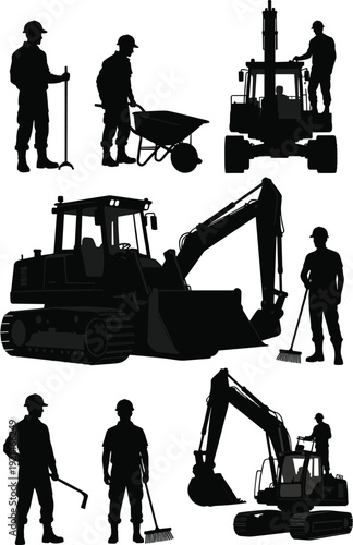Construction workers and heavy equipment silhouettes set, excavator bulldozer and laborers working on site, black vector illustration isolated on white background