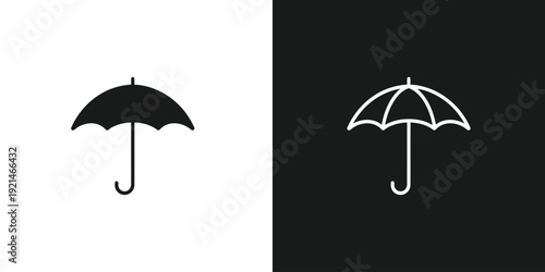 Simple umbrella illustrations depicted in contrasting black and white on divided background showcasing minimalist design and monochromatic visual appeal from direct viewpoint