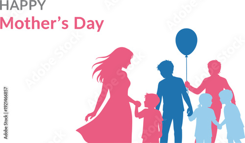 Happy Mother's Day greeting card with pink and blue silhouettes of a mother and her children holding hands and balloon isolated on white background vector illustration