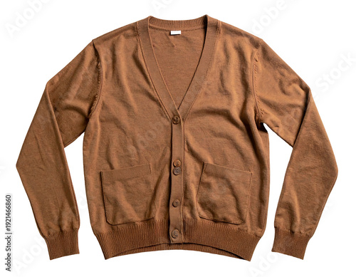 Brown cardigan sweater with button closure and pockets isolated on white background.