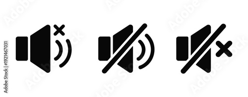 Silent speaker icons vector three illustrations representing mute, no sound, and off audio modes, isolated for user interface and media control design.
