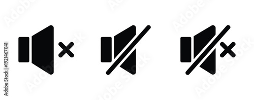 Silent speaker icons vector three illustrations representing mute, no sound, and off audio modes, isolated for user interface and media control design.