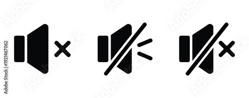 Silent speaker icons vector three illustrations representing mute, no sound, and off audio modes, isolated for user interface and media control design.