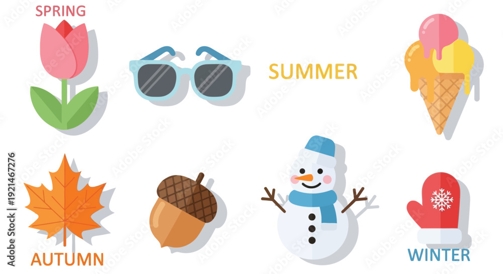 Fototapeta premium Flat design icons representing the four seasons: spring with a tulip, summer with sunglasses and ice cream, autumn with a maple leaf and acorn, and winter with a snowman and mitten.