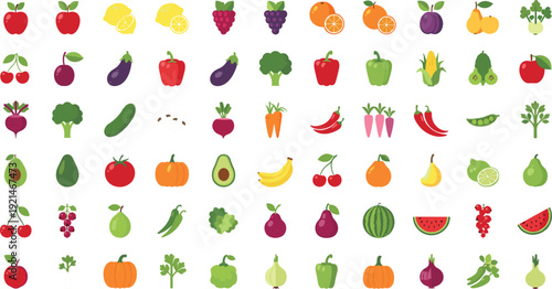 Colorful Fruits and Vegetables Icon Set – Flat Cartoon Food Vector Collection Isolated