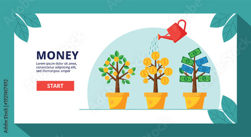 Three Trees with Money Leaves Being Watered by a Red Watering Can