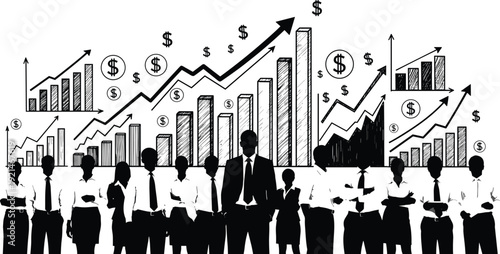 Group of business people standing in front of rising financial graphs and charts