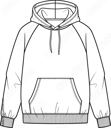 Black and white line drawing of hooded sweatshirt with kangaroo pocket, ribbed cuffs, waistband, and drawstring hood for fashion design and garment illustration
