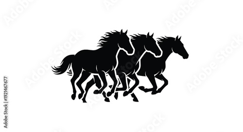 Horses running in a group with flowing manes and tails silhouette featuring black, white, equine with animals and wildlife elements for racing, galloping projects, clean composition on simple