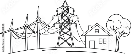 Black and white line illustration showing renewable wind energy transmission system with turbines, 