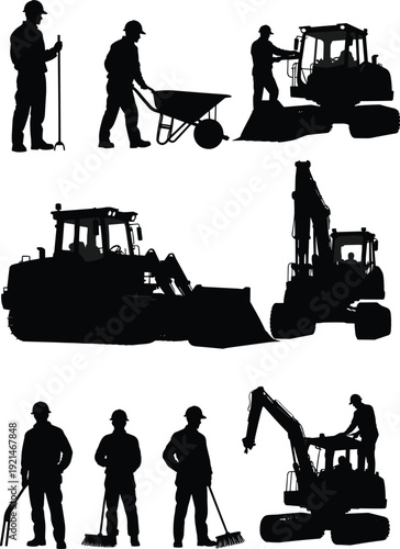Construction workers and heavy machinery silhouettes collection, excavator bulldozer and laborers at work site, black vector illustration isolated on white background