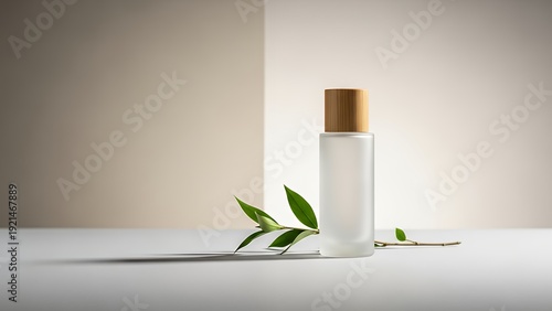 Wallpaper Mural Minimalist Clear Cosmetic Bottle with Wooden Cap and Green Leaves on White Surface Torontodigital.ca
