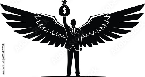 Black and white of a man in a suit with wings holding a money bag