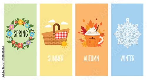 A vibrant illustration depicting the four distinct seasons: Spring with a floral wreath, Summer with a picnic basket, Autumn with a pumpkin spice latte and leaves, and Winter with a snowflake.