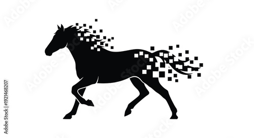 Horse silhouette icon with pixelated glitch squares dissolving tail and mane, modern digital dispersion effect, black flat vector style isolated on white background