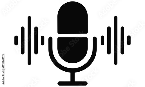 Vector graphic illustration of a microphone symbolizing podcasting and voice recording with sound waves emanating from it, representing audio and music production.