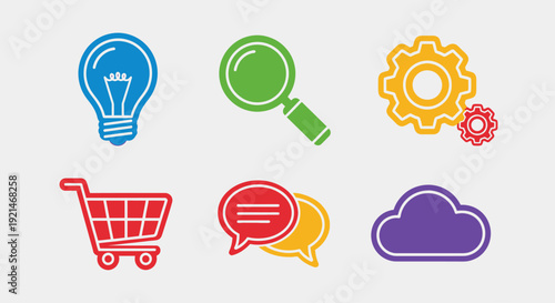 Set of 8 Modern Flat Line Business and Technology Icons: Vector Illustration Featuring Idea Lightbulb, Settings Gear, Search, Chat, Shopping Cart, Security Shield, Cloud Upload, and Growth Chart