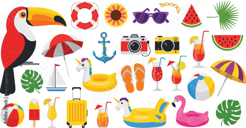 Vibrant Tropical Summer Travel Set with Toucan Bird Beach Umbrellas Pool Floats Sunflowers Cameras Sunglasses and Exotic Cocktails for Holiday Branding and Vacation Graphic Design