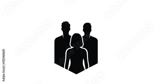 People silhouettes group with female in front, black and white design, team members graphic featuring male, illustration, vector with minimalist and simple elements for modern, business projects,