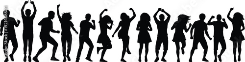Black and white silhouette illustration of twelve people dancing in energetic poses, joyful celebration vector artwork representing party, youth culture, freedom, 